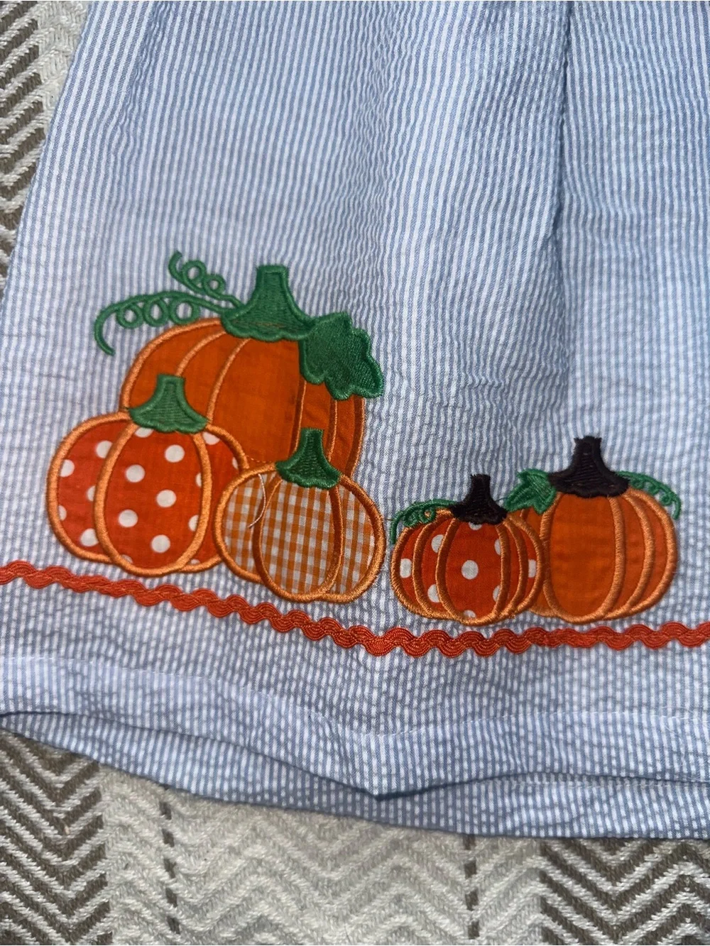 NWT Lil Cactus Blue Seersucker Dress with Pumpkin Appliqué